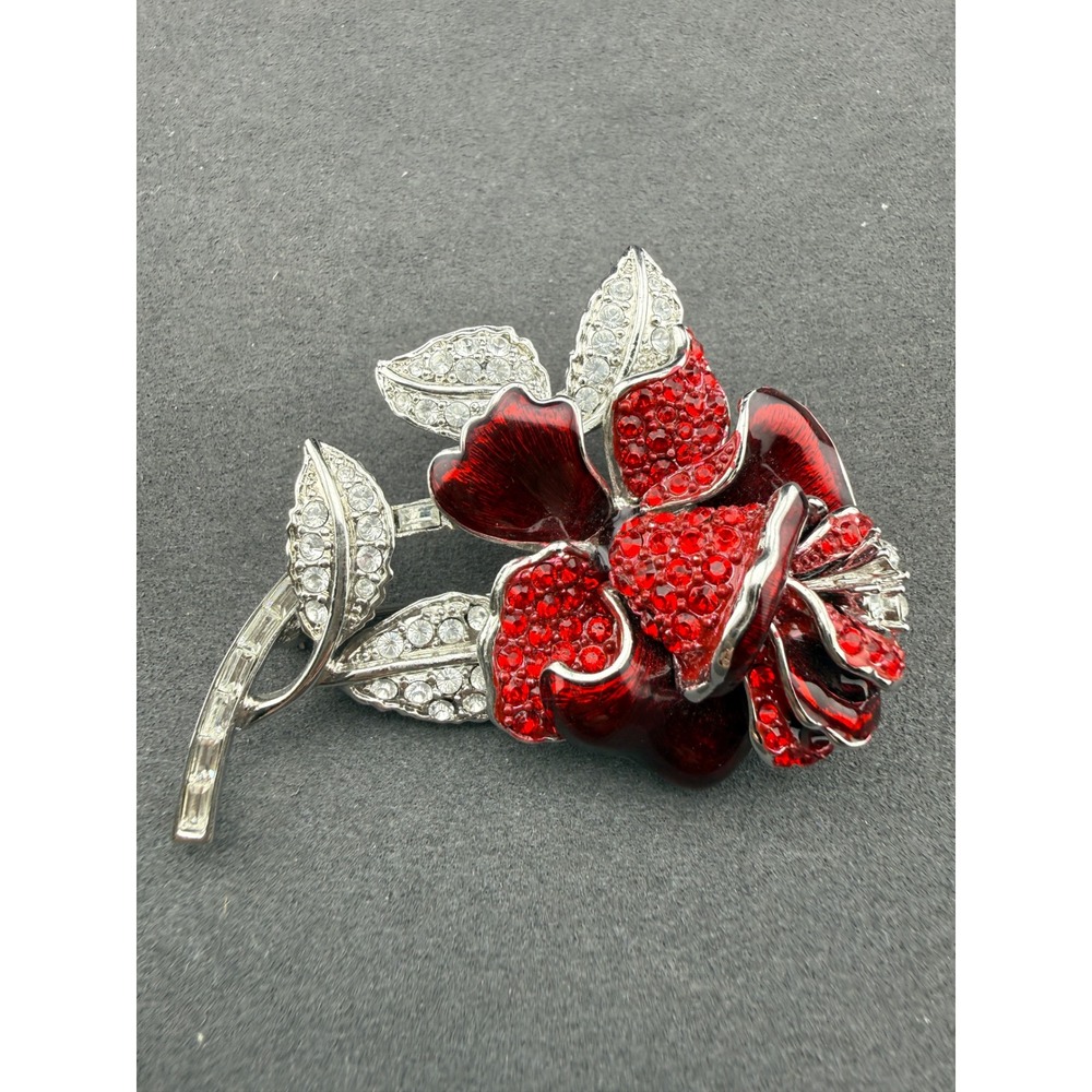 Nolan Miller Brooch Red Enamel Rhinestone Rose Floral Pin Cocktail